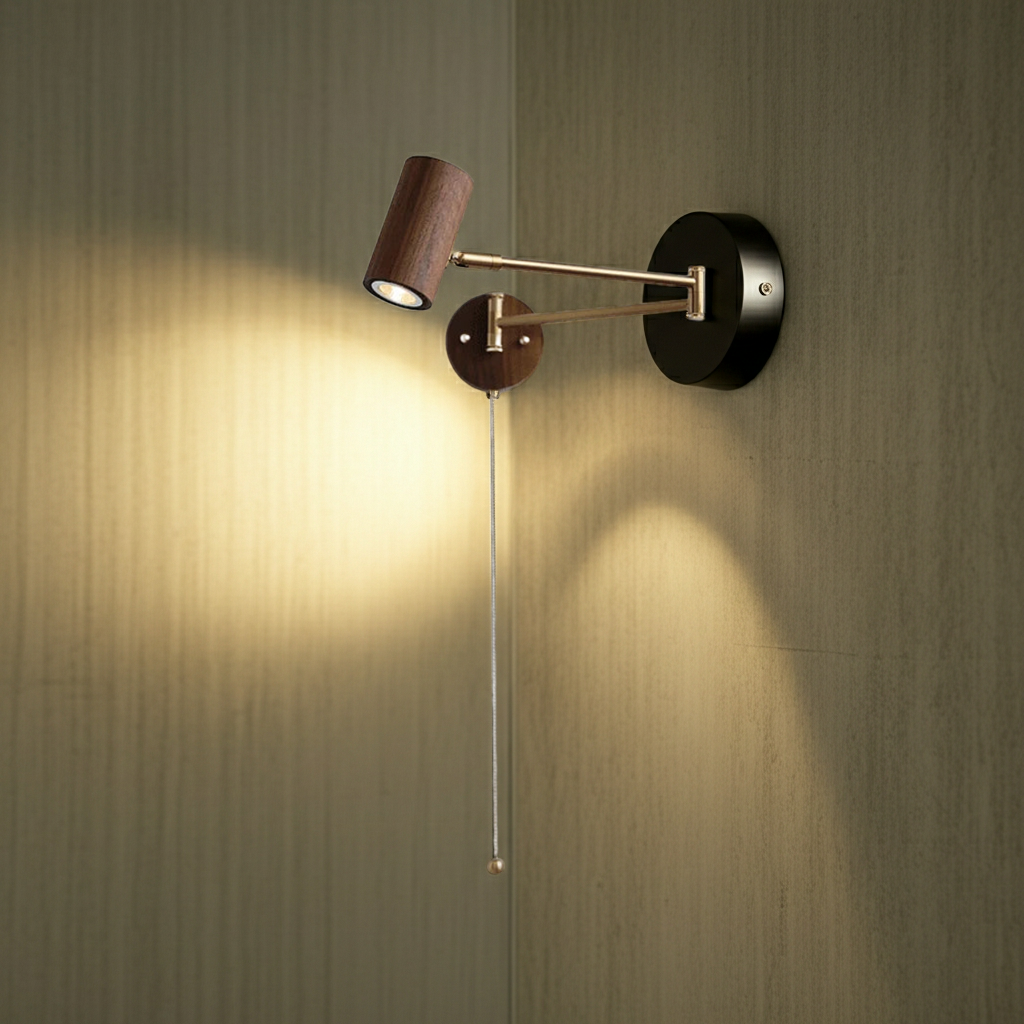 QUASHION Moderne Hotel-Wandleuchte aus Holz & Eisen – Schwenkbar, Rotierbar, Spotlicht mit Zugschalter, Designer Wandlampe.